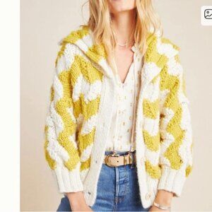 Anthropologie Cardigan Small Gold Cream Alpaca Wool Charley Zig Zag Knit Boho